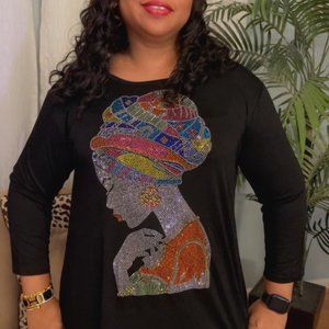 New with tags Black 3/4 Sleeve Rhinestone Tee with Turban Lady Regular Size